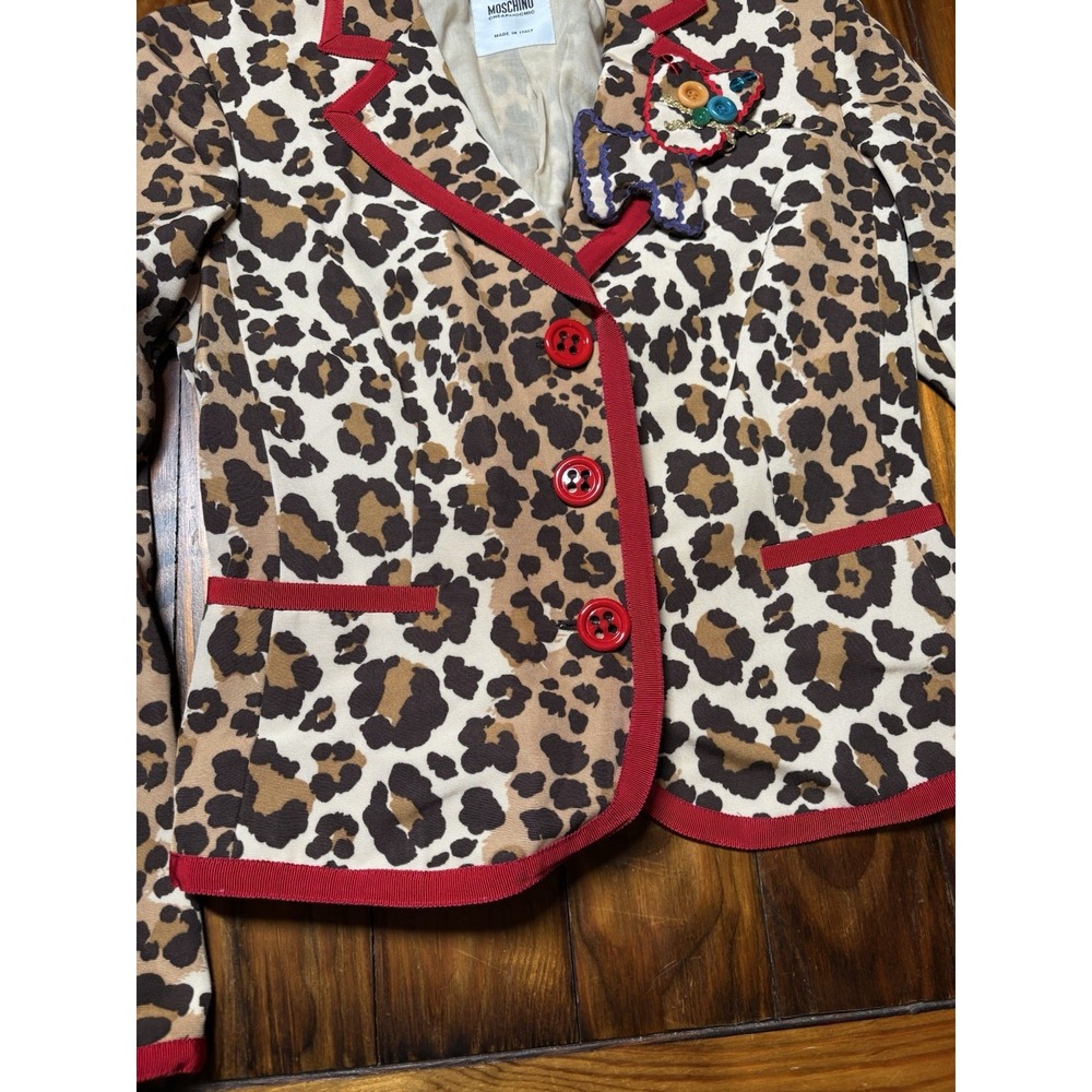 Moschino Cheap & Chic Leopard Print Red Trim Cat Buttons Appliqué Blazer Sz 10 - Picture 3 of 16
